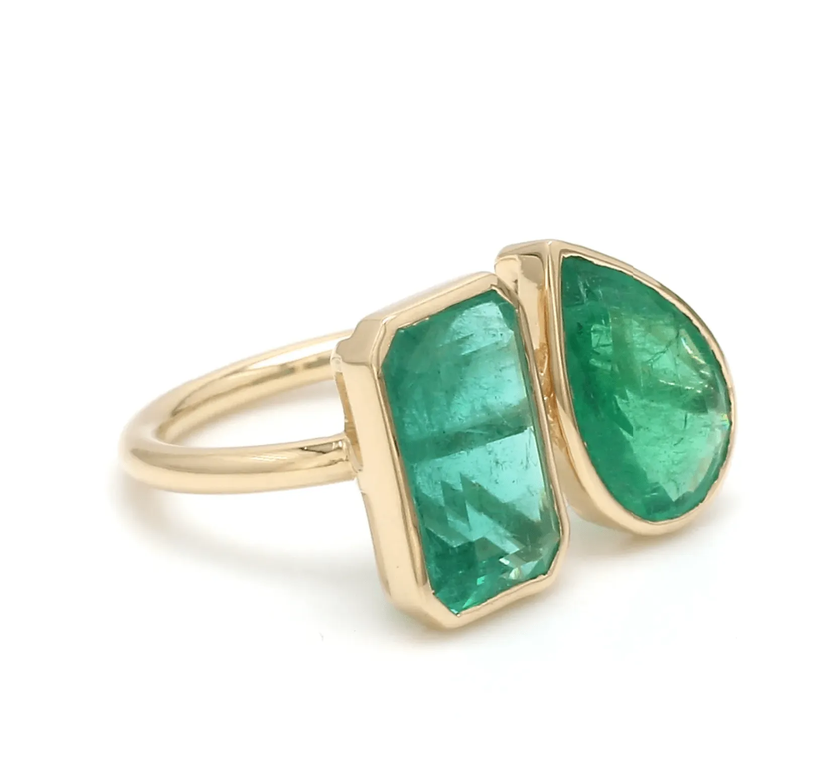 14K & 18K Gold Emerald Double Stone Bezel Ring, Emerald & Pear cuts