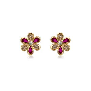 14k Gold Ruby and Clear CZ Flower Stud Earrings