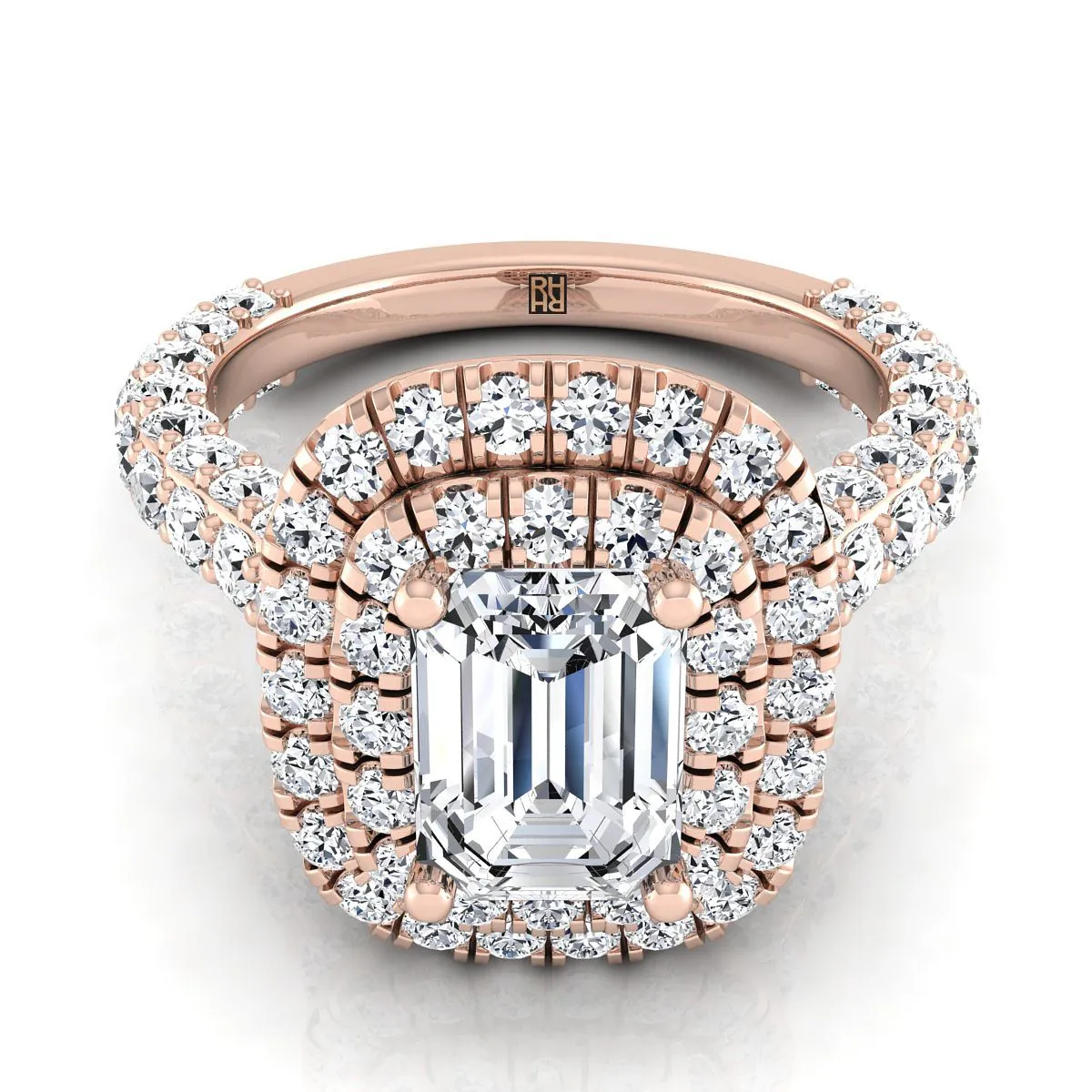 14K Rose Gold Emerald Cut Diamond Bold and Fancy Double Halo French Pave Engagement Ring -2ctw