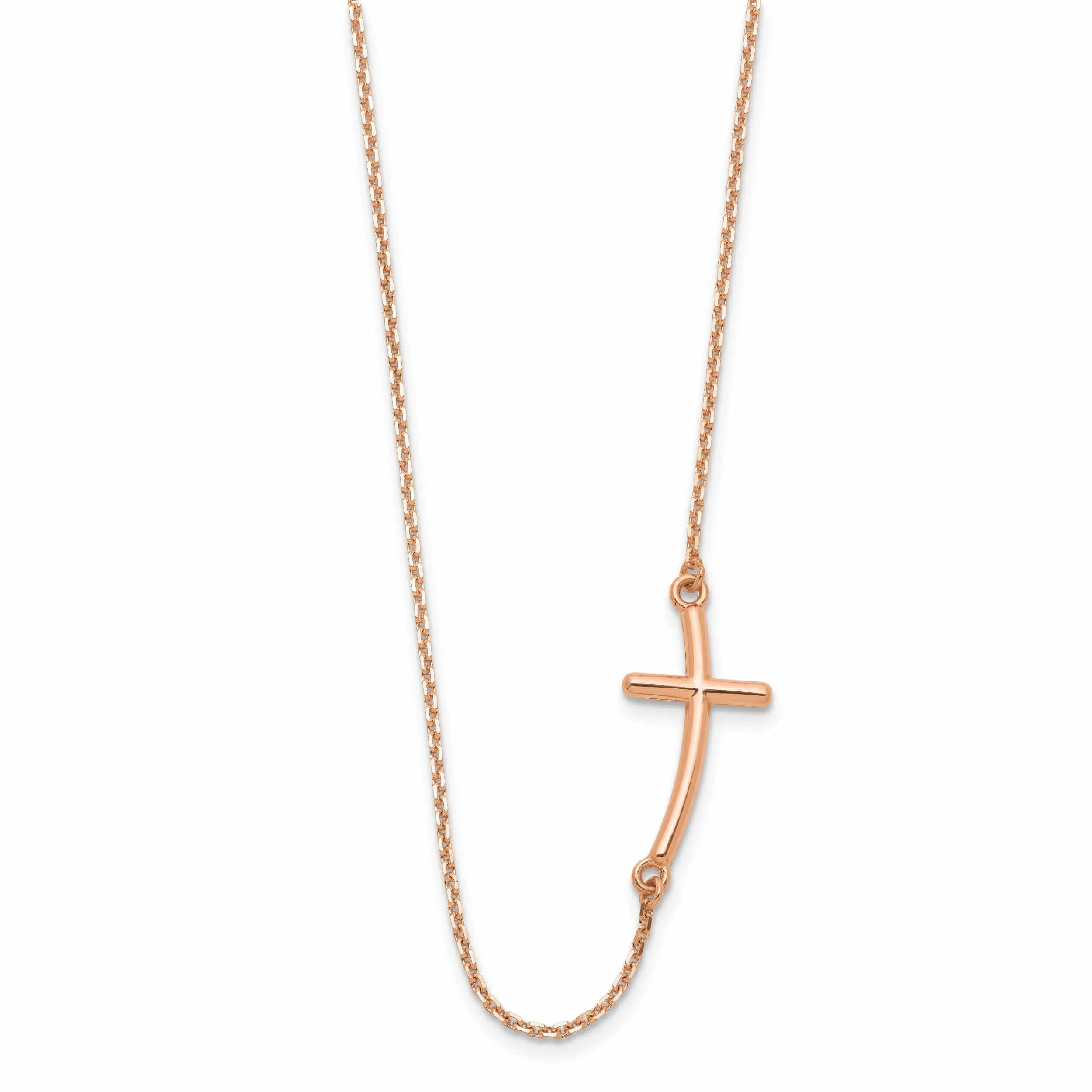 14k Rose Gold Polished Finish Large Size Sideways Curved Cross Design Pendant in a 19-Inch Cable Chain Necklace Set