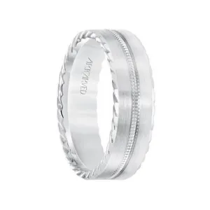 14k White Gold Wedding Band Flat Double Milgrain Center Design Satin Brushed Finish with Rope Edges- 6.5 mm