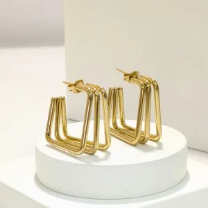 18k Gold Plated Anti Tarnish Water Proof Three layered Square Hoops Earrings