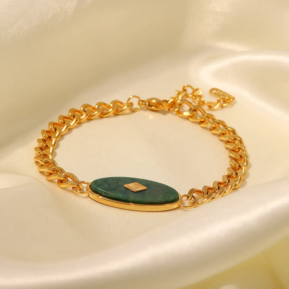 18K Gold Retro Simple Inlaid African Jade Design Versatile Bracelet