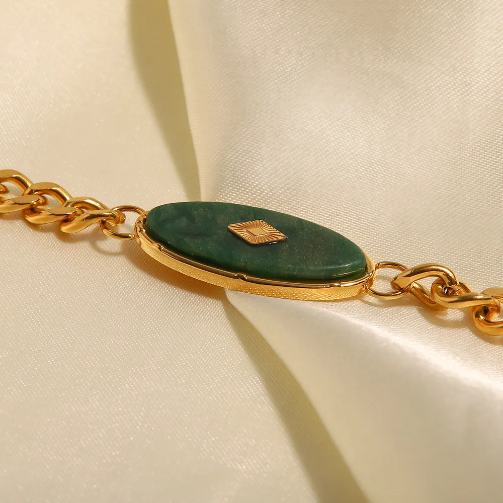 18K Gold Retro Simple Inlaid African Jade Design Versatile Bracelet