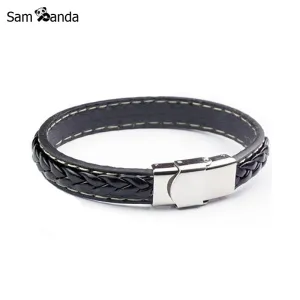 2017 Black Genuine Leather Bracelet Men Bangle With Stainless Steel Fashion New Men Jewelry Rock Chunky Mens Bracelets 13M0563