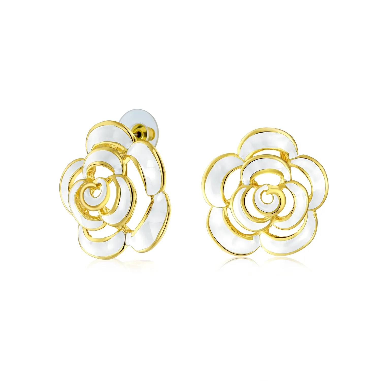 3D White Rose Flower Stud Earrings in 14K Gold, Button Style Fashion Jewelry