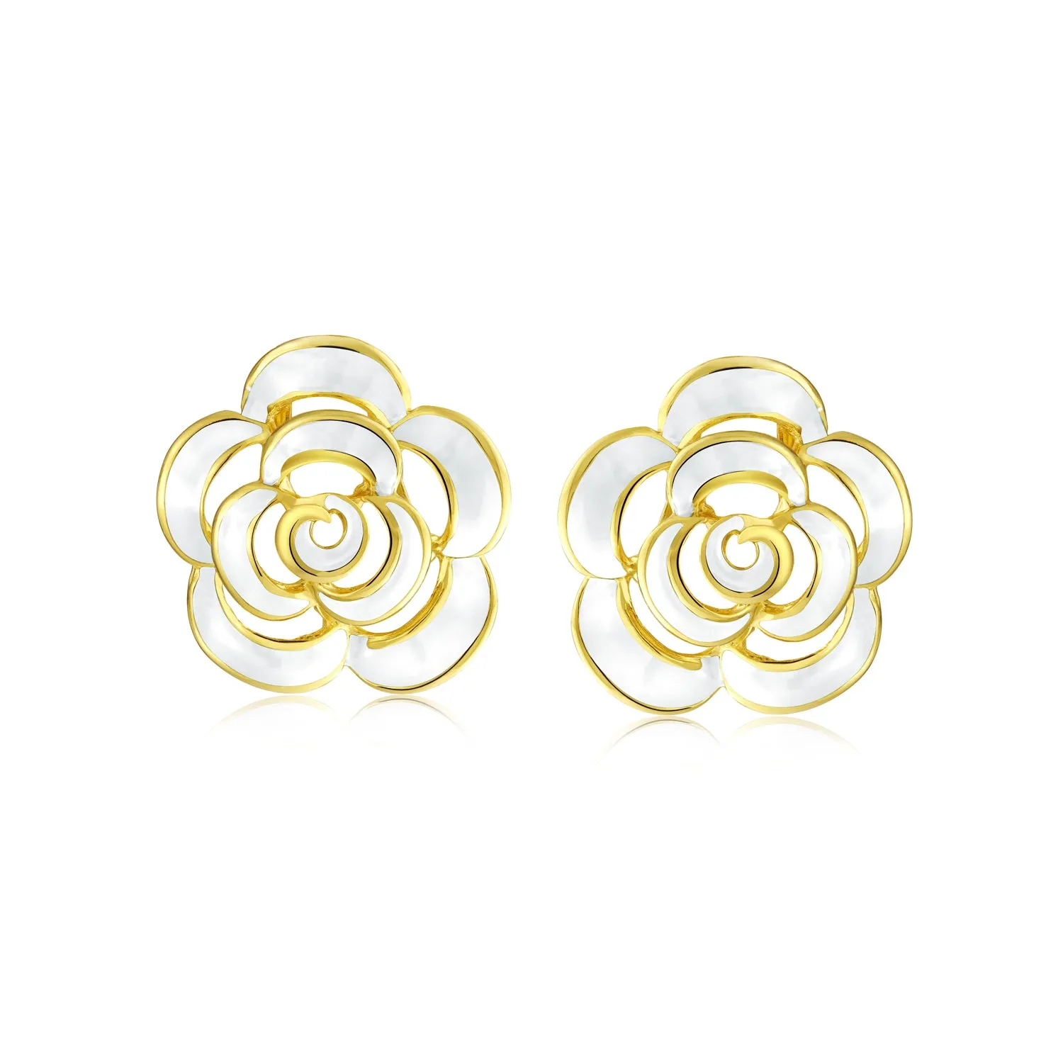 3D White Rose Flower Stud Earrings in 14K Gold, Button Style Fashion Jewelry