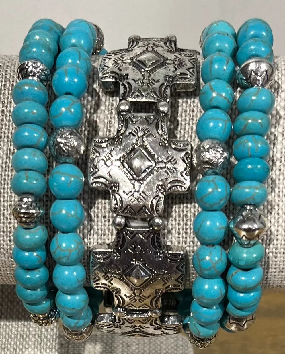 5 Strand Turquoise & Silver Cross Stretch Bracelet