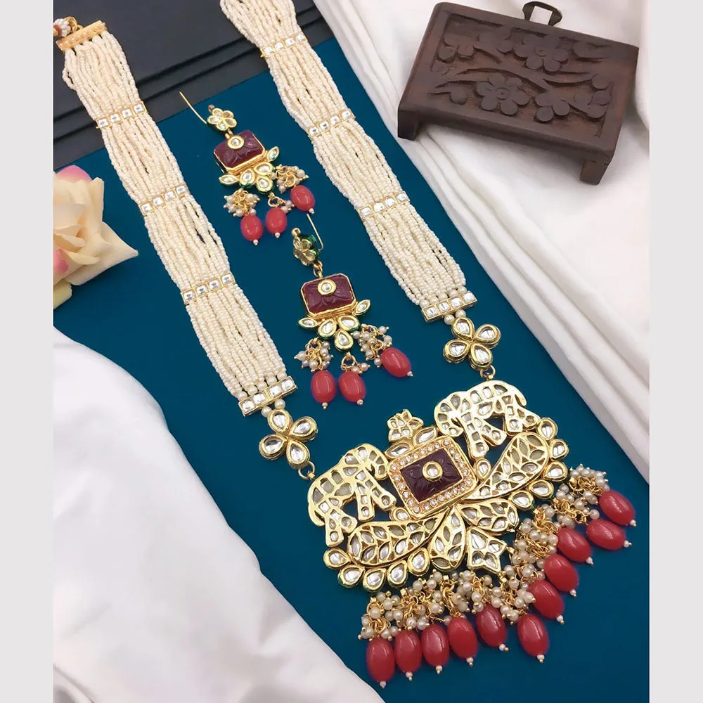 5G Jewellery Gold Plated Kundan Stone And Beads Long Necklace Set