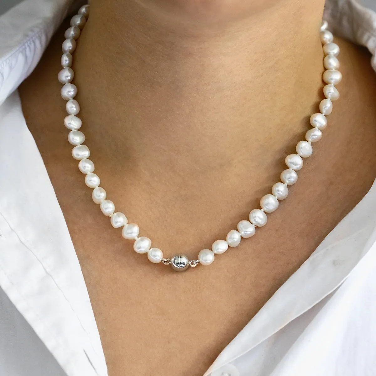 6.5-7mm White Baroque Freshwater Pearl 18" Necklace | Sterling Silver Magnetic Clasp