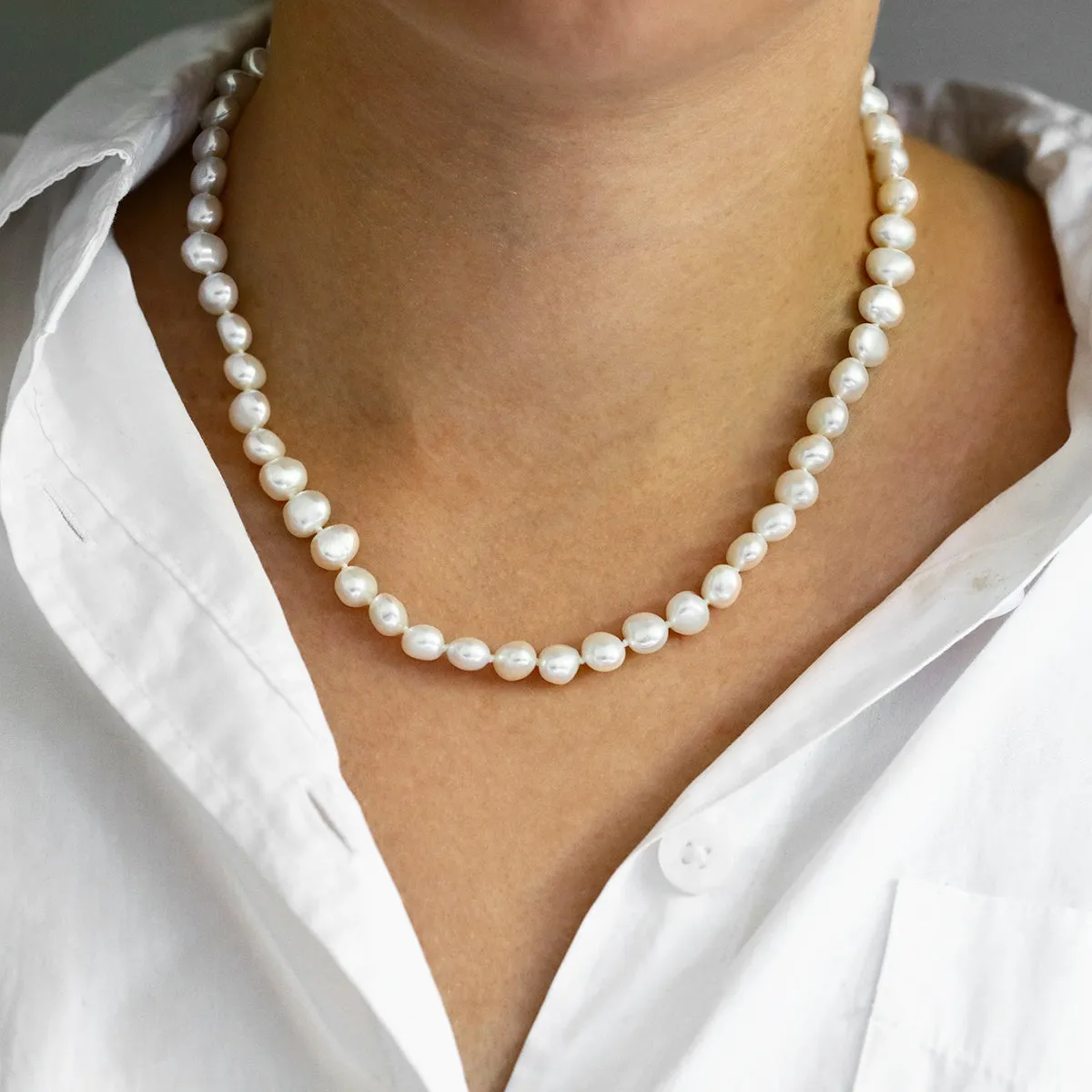 6.5-7mm White Baroque Freshwater Pearl 18" Necklace | Sterling Silver Magnetic Clasp