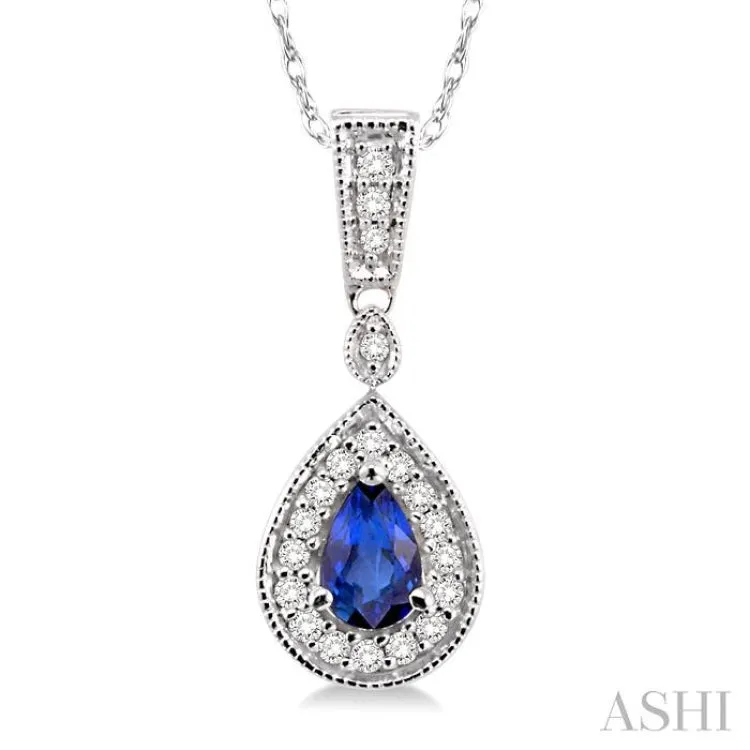 6x4mm Pear Shape Sapphire and 1/6 Ctw Round Cut Diamond Pendant in 14K White Gold with Chain