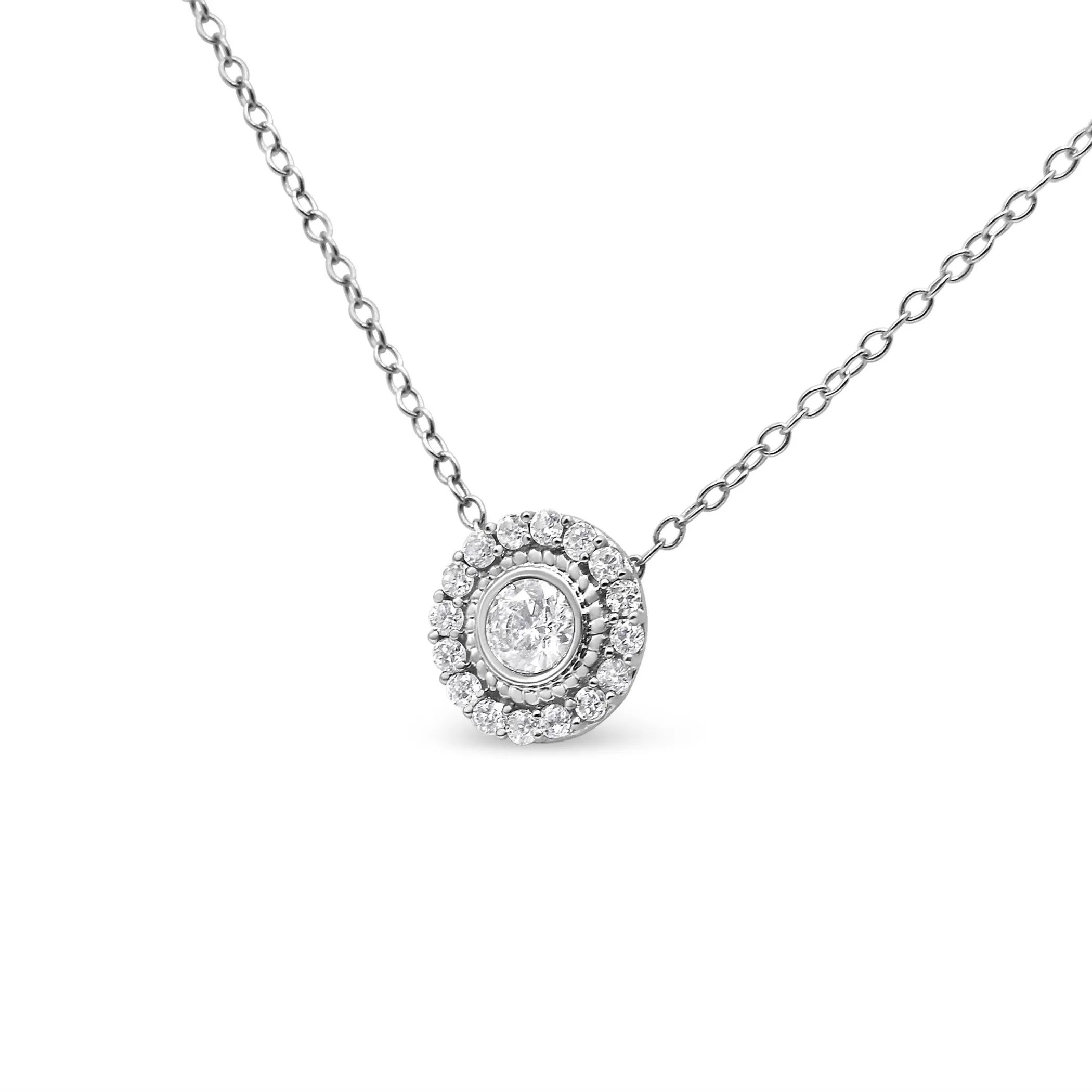 .925 Sterling Silver 1/2 Cttw Round Diamond Halo Circle Pendant 18" Necklace (I-J Color, I2-I3 Clarity)