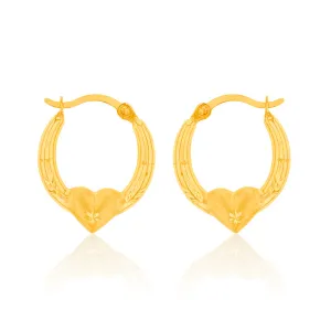 9ct Yellow Gold Diamond Cut Heart On Hoop Earrings