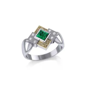 Adorned by the spiritual power of three ~ Celtic Trinity Knot Sterling Silver Ring with 18k Gold accent and Emerald and White Cubic Zirconia Gemstones MRI353