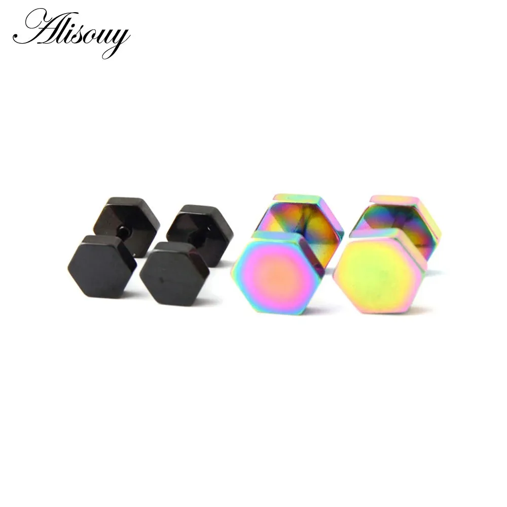 Alisouy 2pc hexagon studs Wholesale Fashion Black  color Stainless Steel Earrings Women Men's Punk Gothic Stud Earring For men