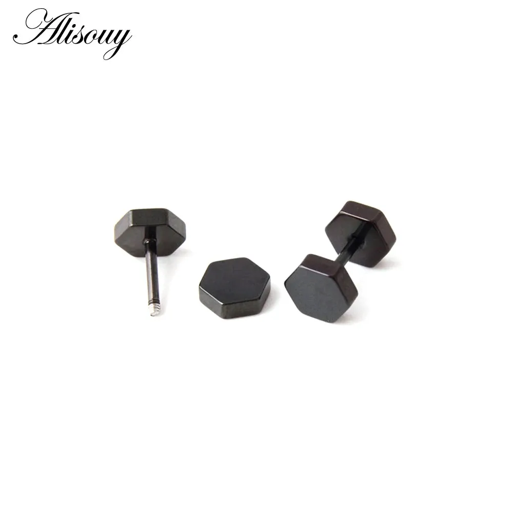 Alisouy 2pc hexagon studs Wholesale Fashion Black  color Stainless Steel Earrings Women Men's Punk Gothic Stud Earring For men