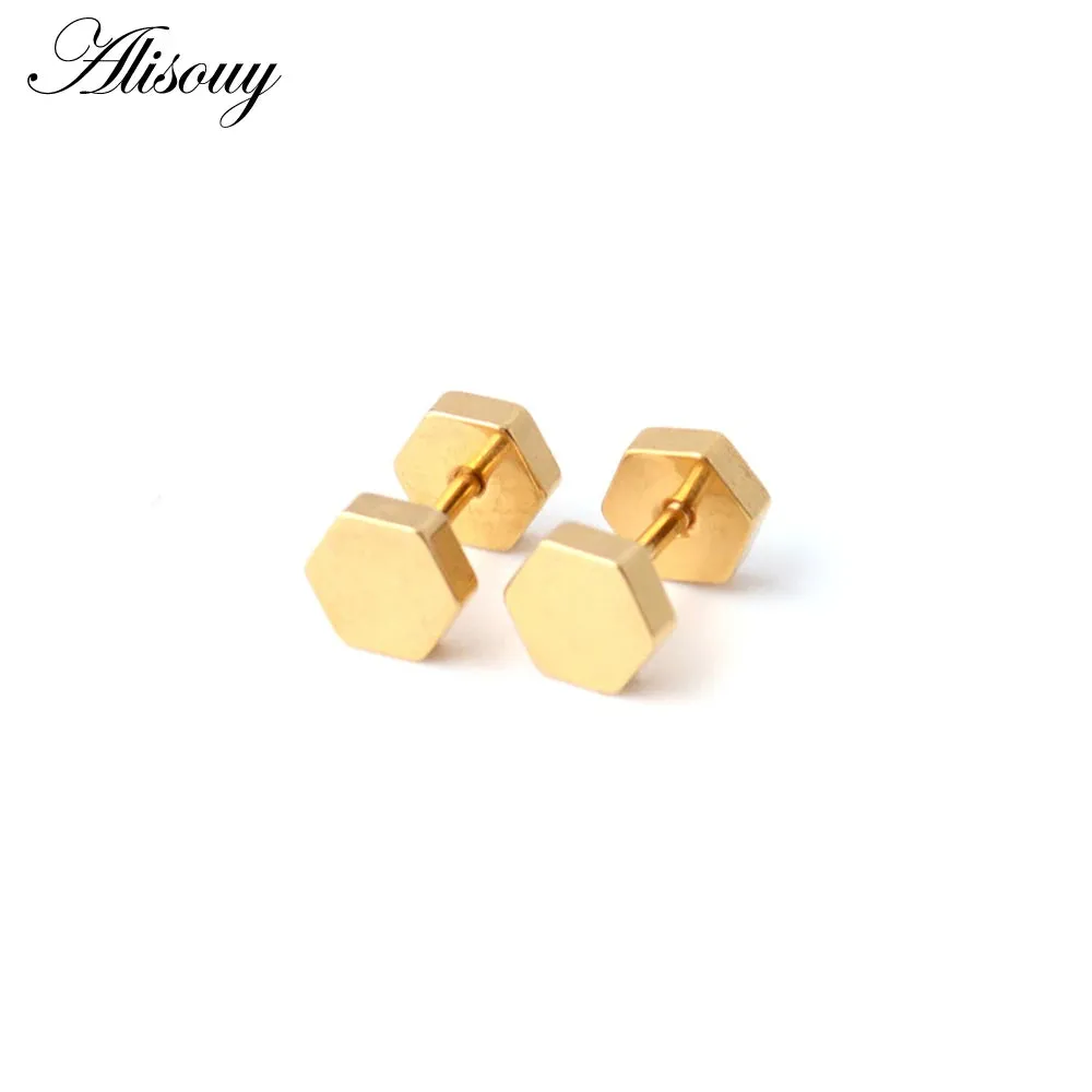 Alisouy 2pc hexagon studs Wholesale Fashion Black  color Stainless Steel Earrings Women Men's Punk Gothic Stud Earring For men