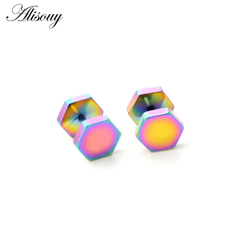 Alisouy 2pc hexagon studs Wholesale Fashion Black  color Stainless Steel Earrings Women Men's Punk Gothic Stud Earring For men