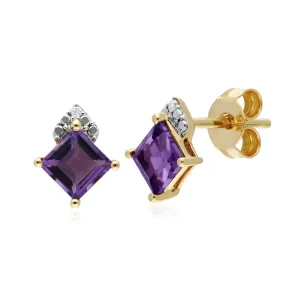 Amethyst Ohrringe, 9 Karat Gelbgold Amethyst & Diamant Quadrat