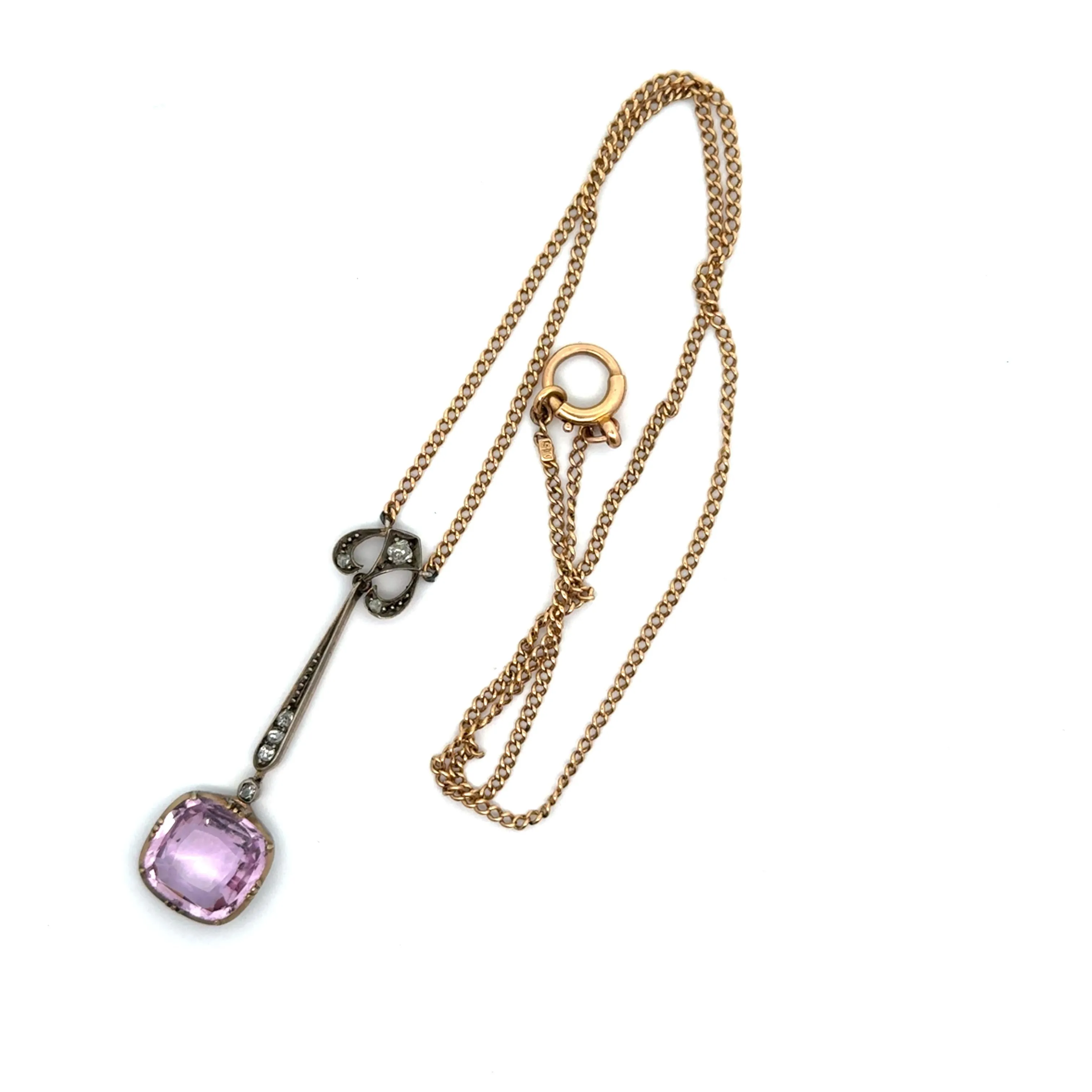 Antique Pink Topaz Diamond 14k Gold & Silver Necklace