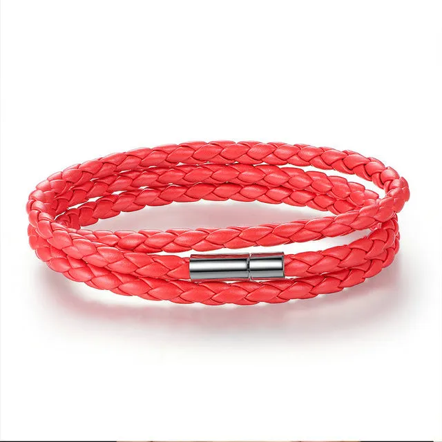 BAMOER Fashion Men & Women Leather Wrap Bracelet with Adjustable Long Chain Magnet Red Bracelets Jewelry PI0063-6