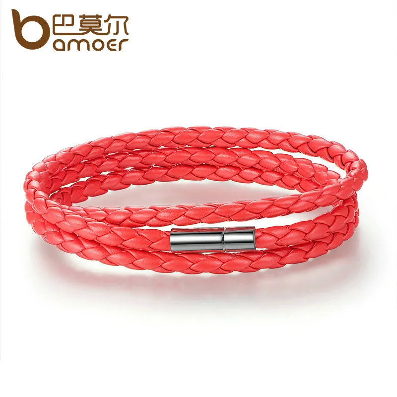 BAMOER Fashion Men & Women Leather Wrap Bracelet with Adjustable Long Chain Magnet Red Bracelets Jewelry PI0063-6