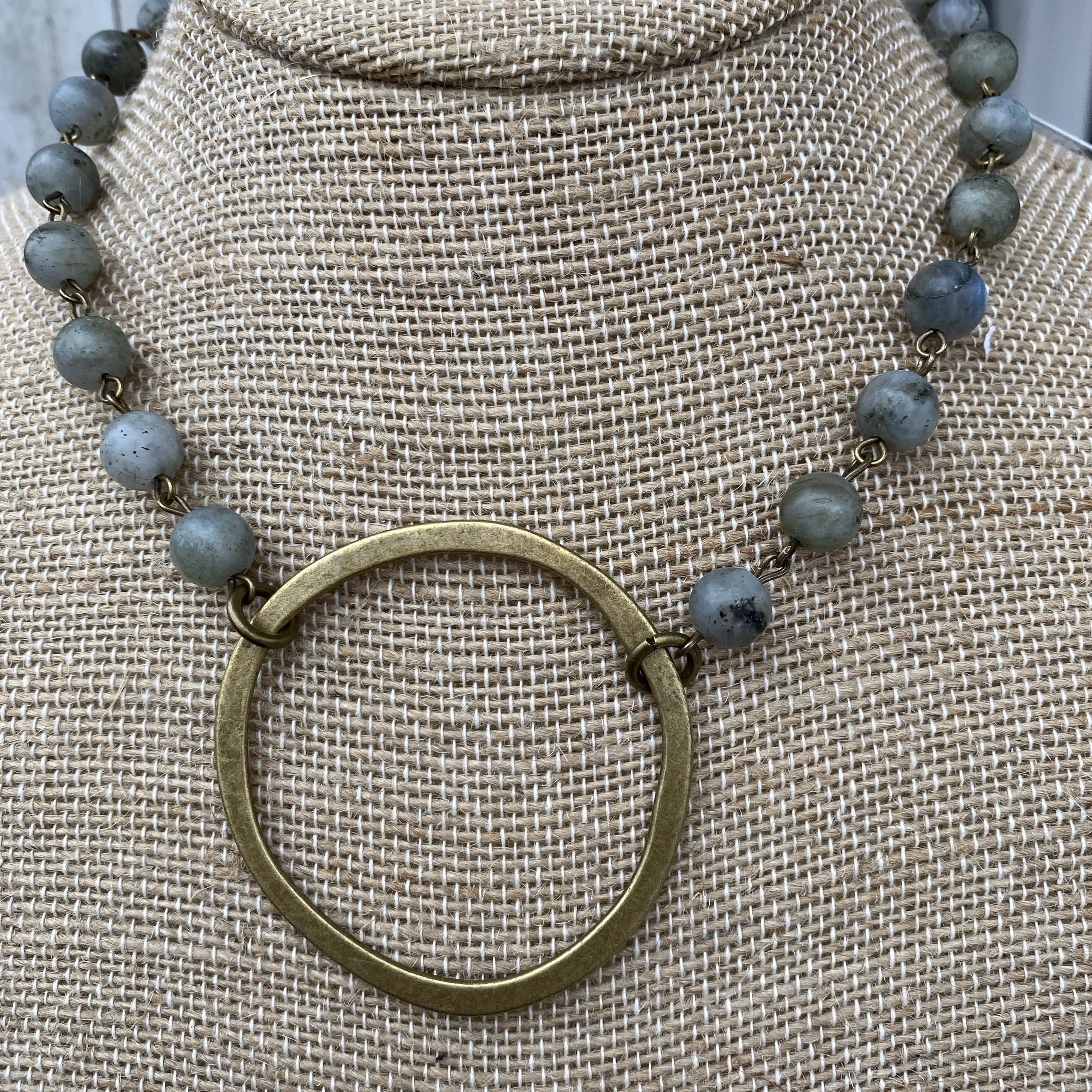 Beaded Necklace with Large Hammered Circle Pendant