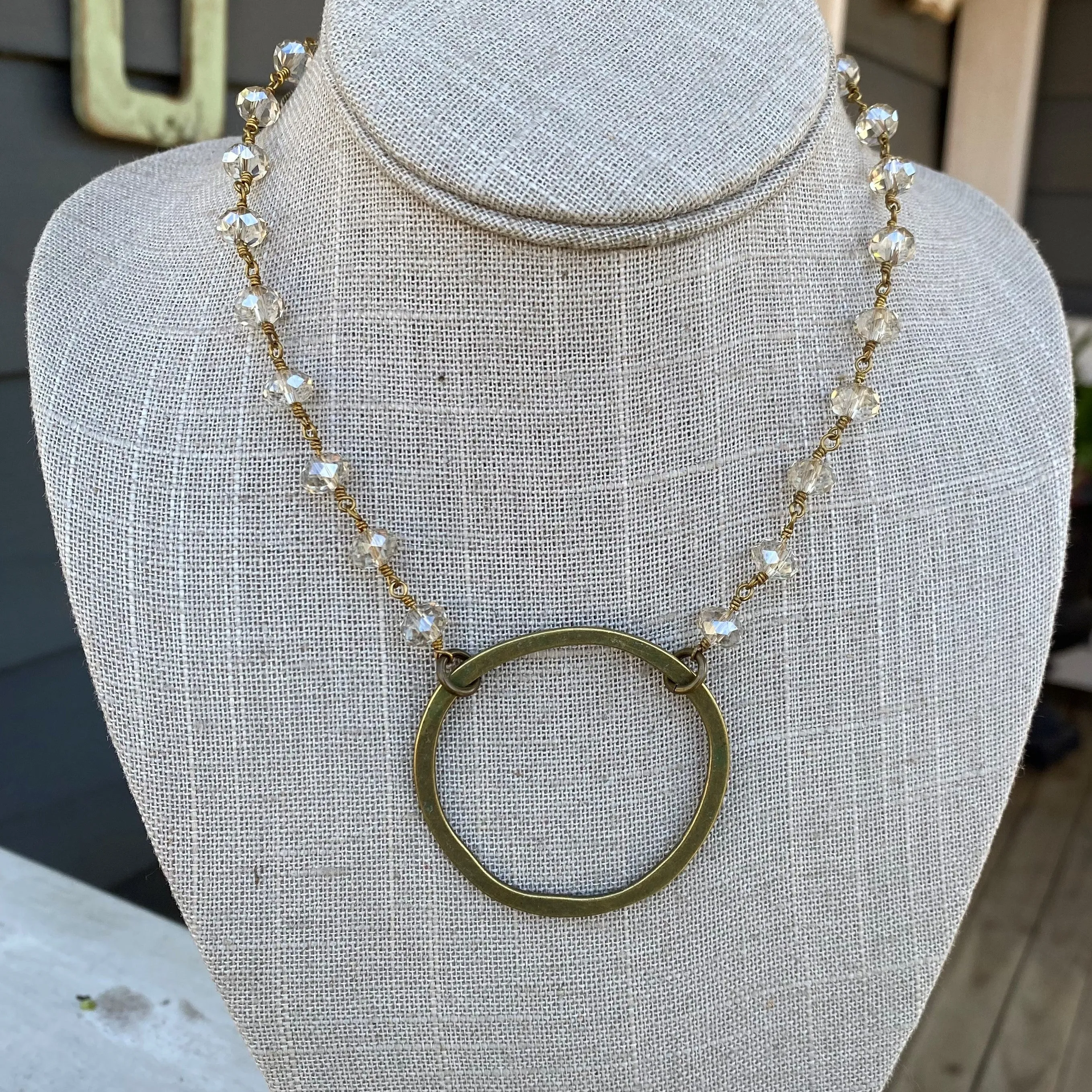 Beaded Necklace with Large Hammered Circle Pendant