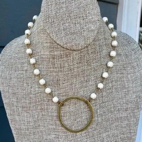 Beaded Necklace with Large Hammered Circle Pendant