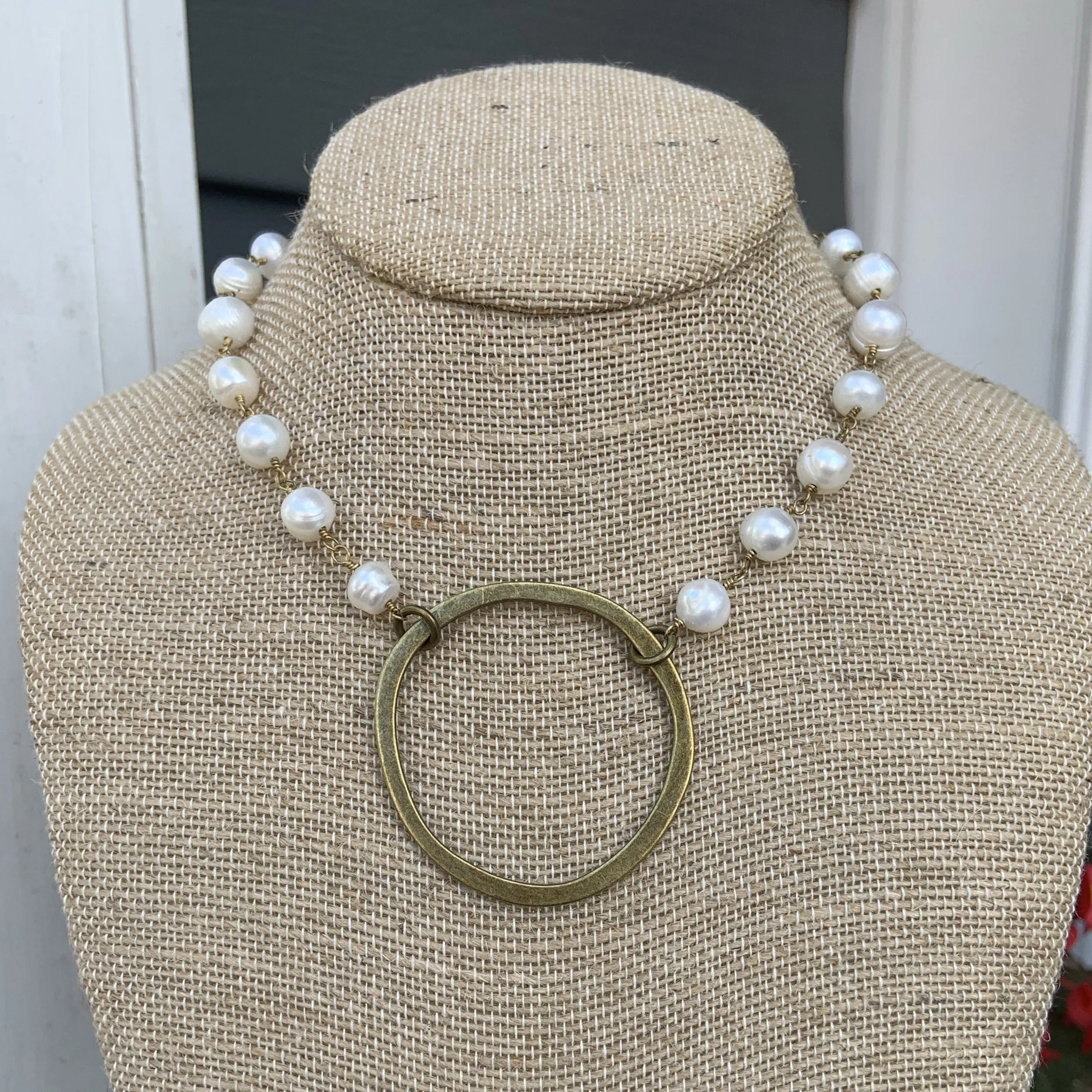 Beaded Necklace with Large Hammered Circle Pendant