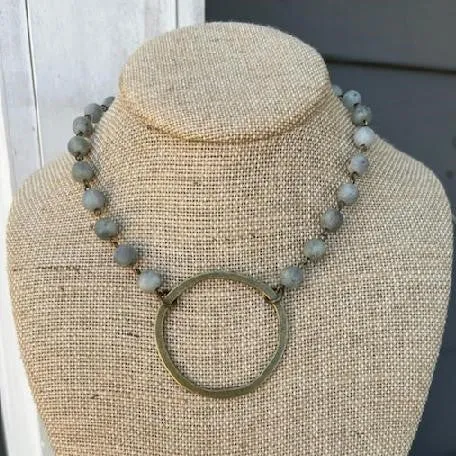 Beaded Necklace with Large Hammered Circle Pendant