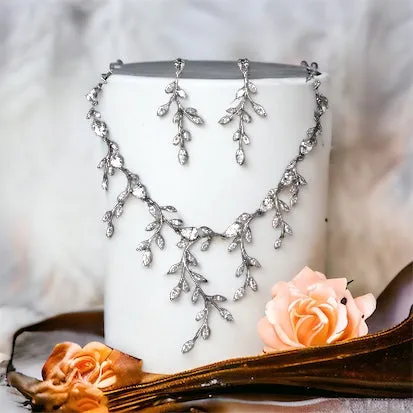 BEST SELLER - Stunning Vine Leaf Wedding Jewellery Set, Cubic Zirconia Necklace and Earrings