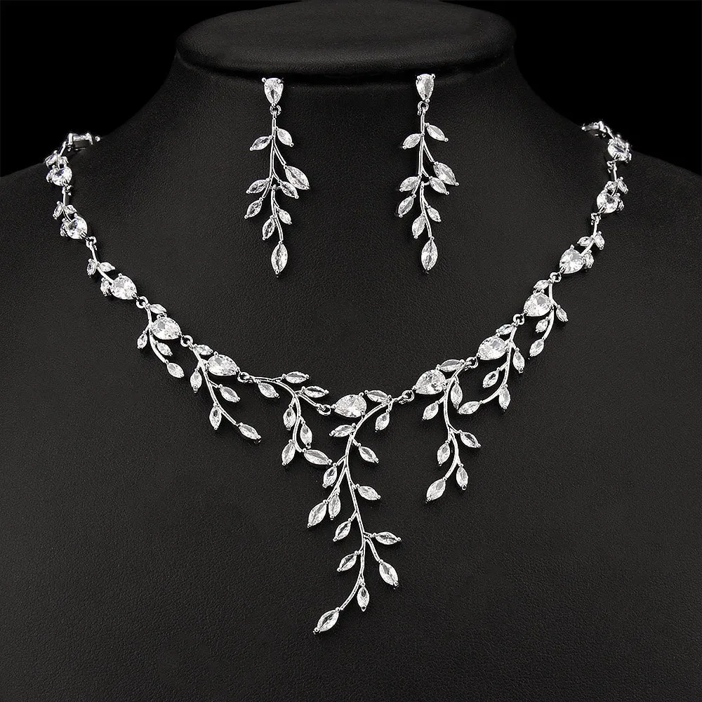 BEST SELLER - Stunning Vine Leaf Wedding Jewellery Set, Cubic Zirconia Necklace and Earrings