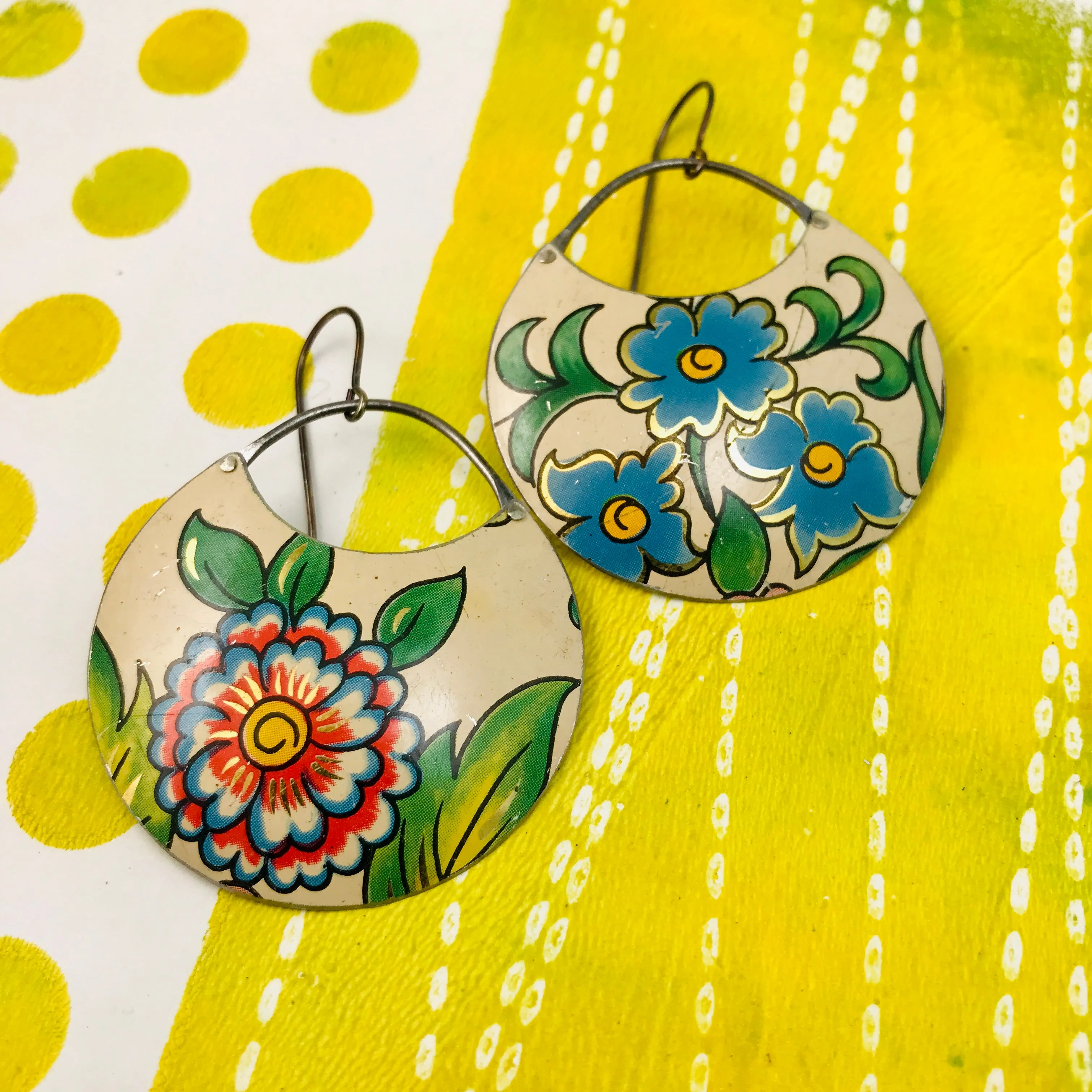 Bold Blossom Circles Upcycled Tin Earrings