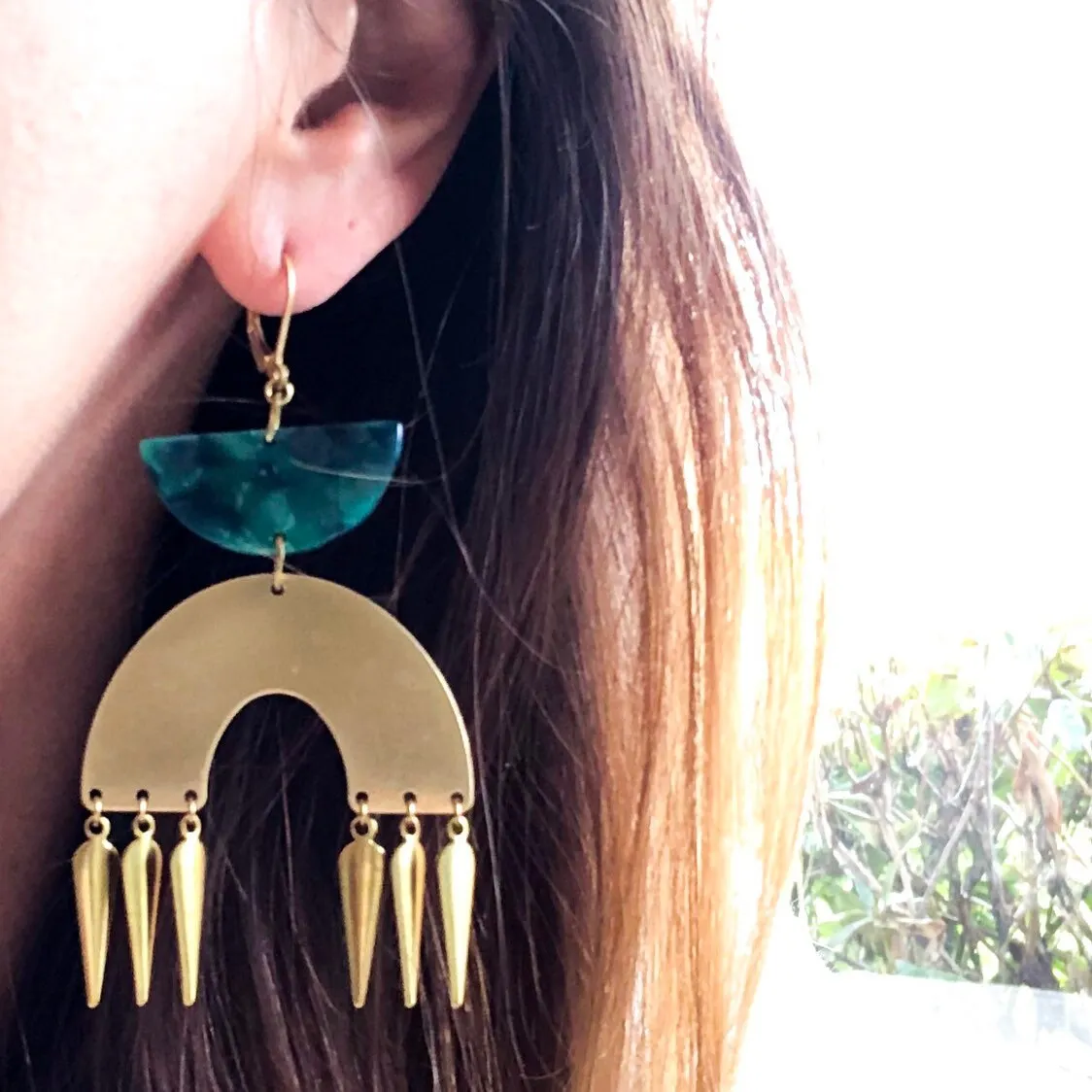 Bold Green and Gold Boho Statement Earrings