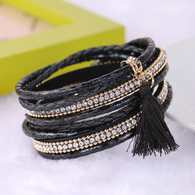 Braided Multilayer Rhinestone Leather Bracelet Femme 2016 Brazilian Beach Magnet Buckle Tassel Friendship Bracelets Boho Jewelry