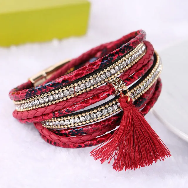 Braided Multilayer Rhinestone Leather Bracelet Femme 2016 Brazilian Beach Magnet Buckle Tassel Friendship Bracelets Boho Jewelry