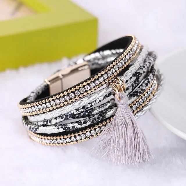 Braided Multilayer Rhinestone Leather Bracelet Femme 2016 Brazilian Beach Magnet Buckle Tassel Friendship Bracelets Boho Jewelry