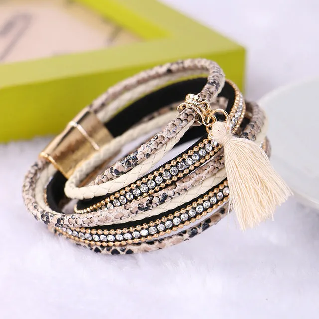 Braided Multilayer Rhinestone Leather Bracelet Femme 2016 Brazilian Beach Magnet Buckle Tassel Friendship Bracelets Boho Jewelry