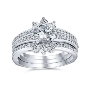 Classic 1.5CT CZ Cocktail Statement Ring with Floral Halo and Pave Band in Silver