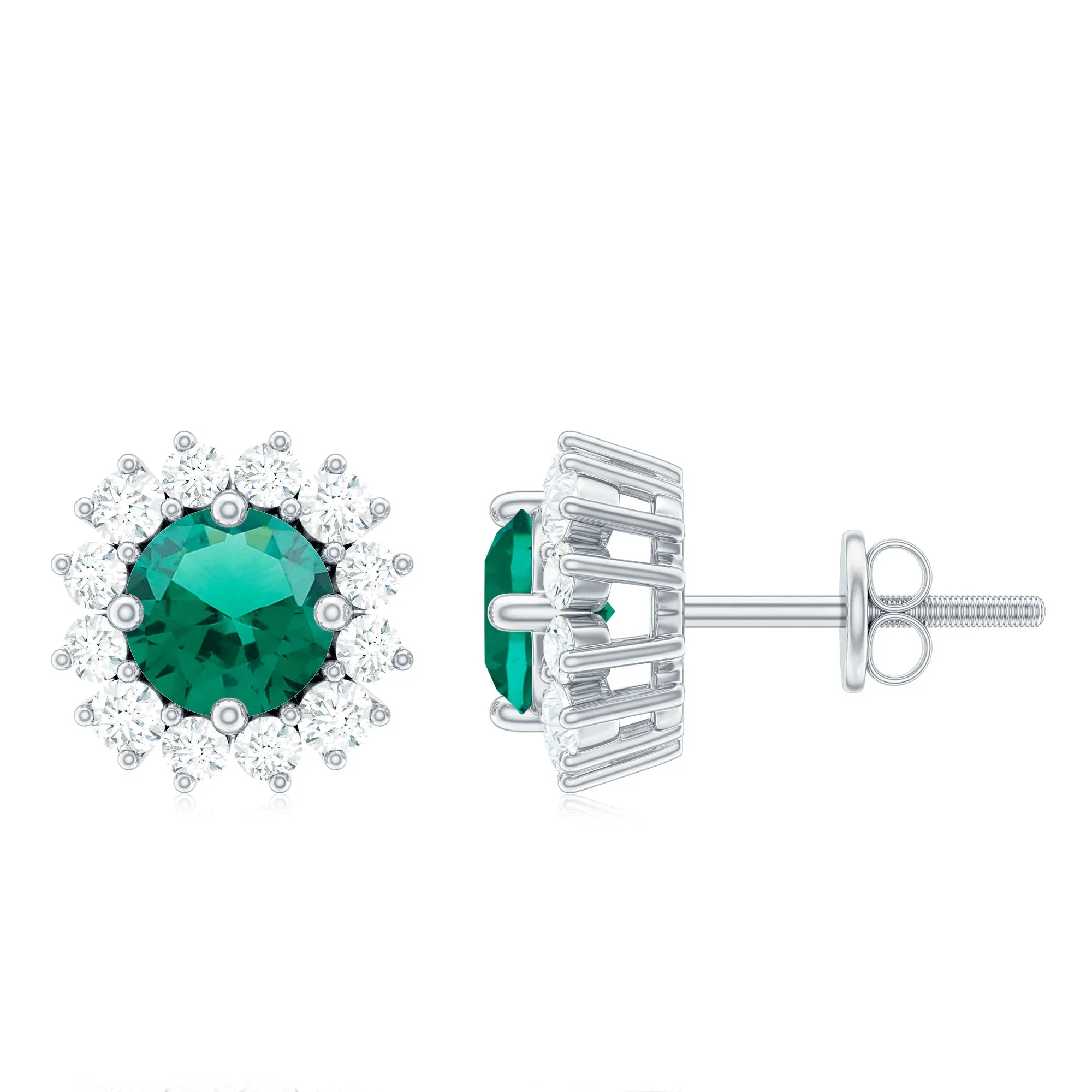 Classic Created Emerald and Diamond Halo Stud Earrings