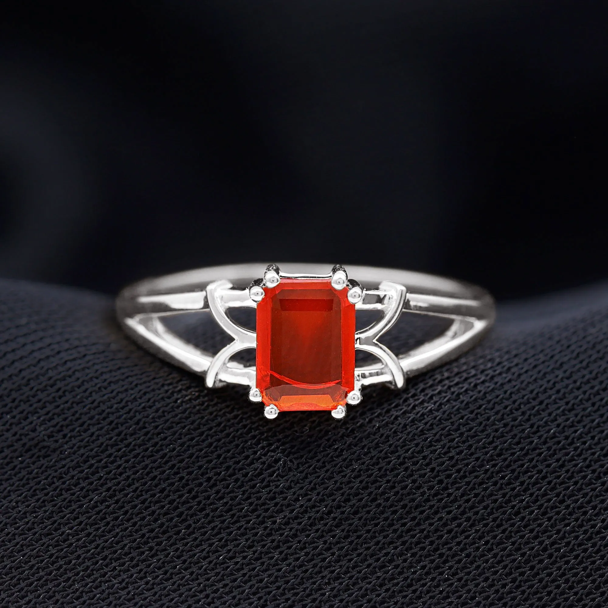 Emerald Cut Fire Opal Solitaire Engagement Ring