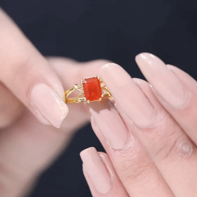 Emerald Cut Fire Opal Solitaire Engagement Ring