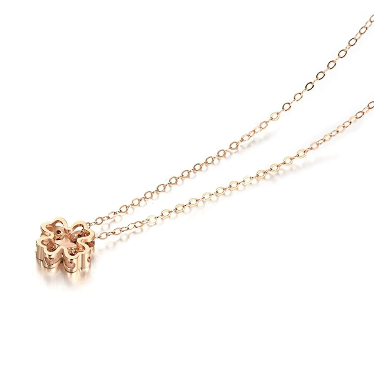 FANCIME Heart-Shaped Four Leaf Clover 18K Solid Rose Gold Necklace