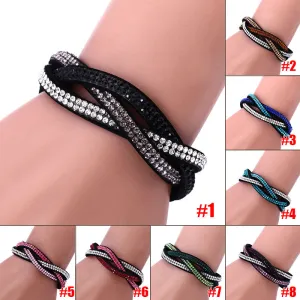 Fashion Charm Rhinestone Leather Wrap Crystal Multilayer Bracelets Bangles for Women Party Jewelry Bracelets KQS