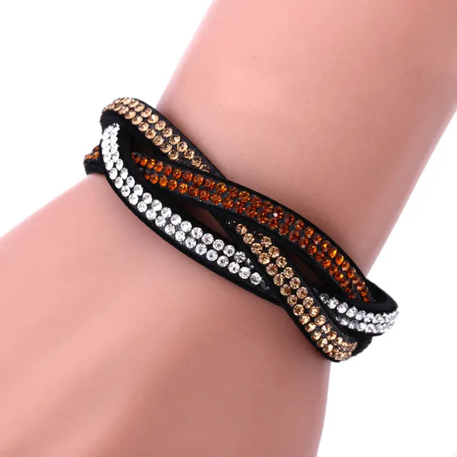 Fashion Charm Rhinestone Leather Wrap Crystal Multilayer Bracelets Bangles for Women Party Jewelry Bracelets KQS