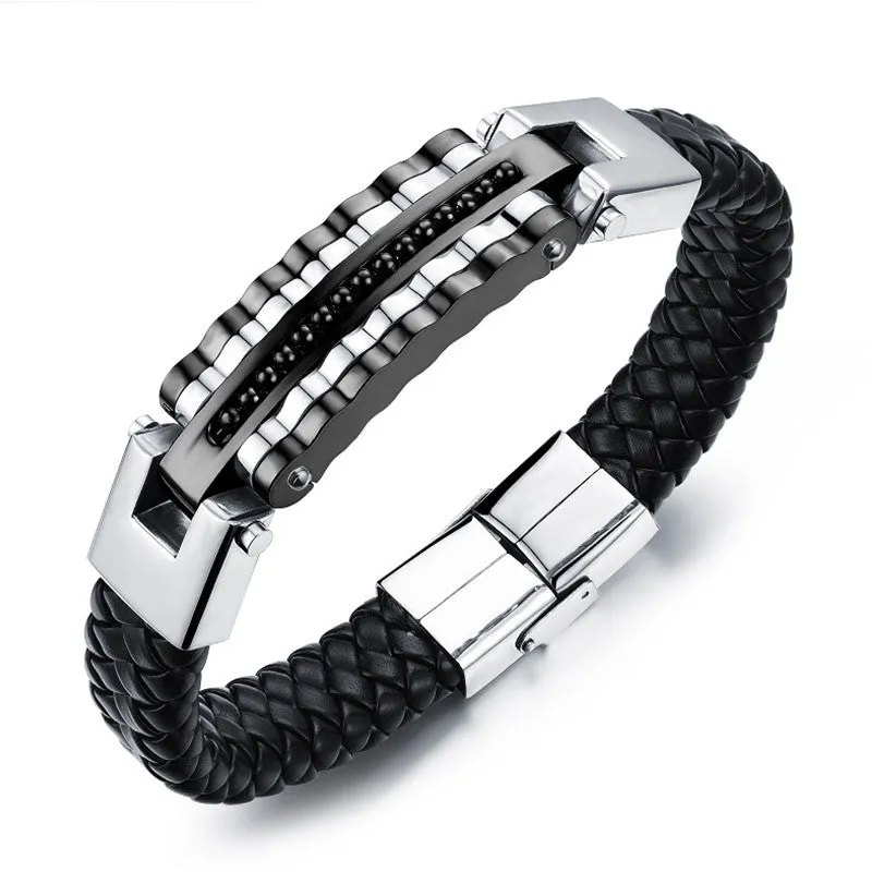 FASHION Men Punk Jewelry Black Leather Bracelet Stainless Steel Charm Bracelets Vintage Bangles Male Accessories