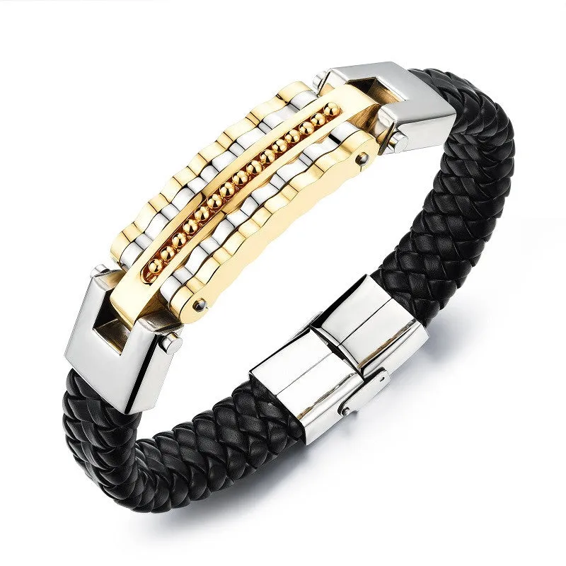 FASHION Men Punk Jewelry Black Leather Bracelet Stainless Steel Charm Bracelets Vintage Bangles Male Accessories