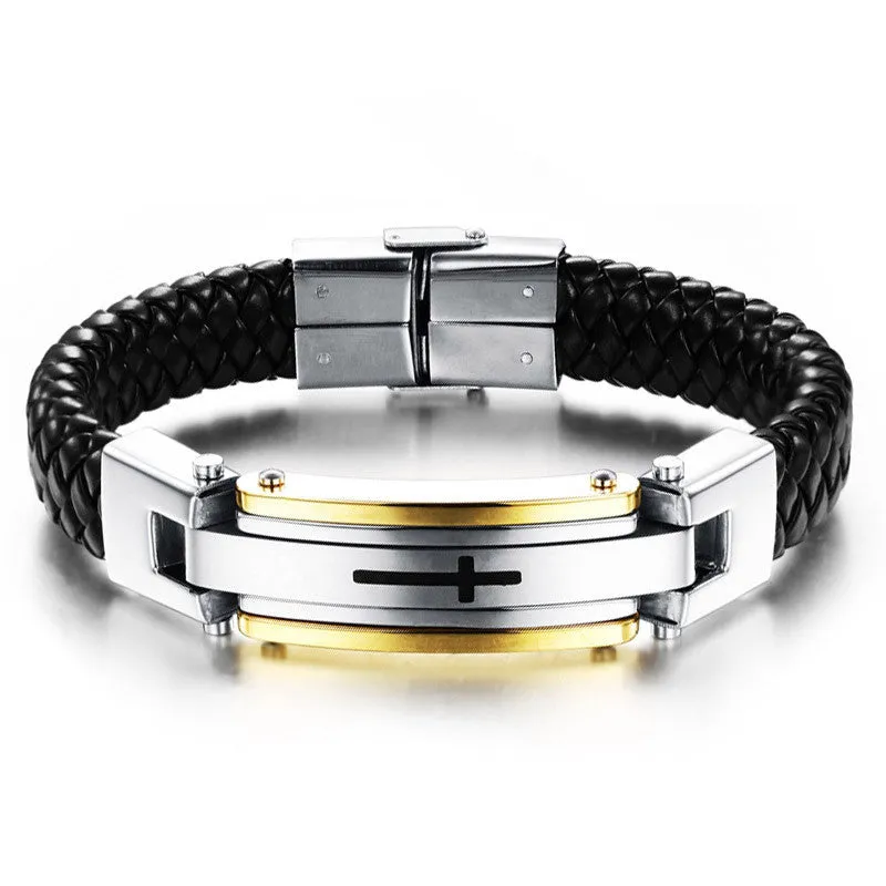 FASHION Men Punk Jewelry Black Leather Bracelet Stainless Steel Charm Bracelets Vintage Bangles Male Accessories